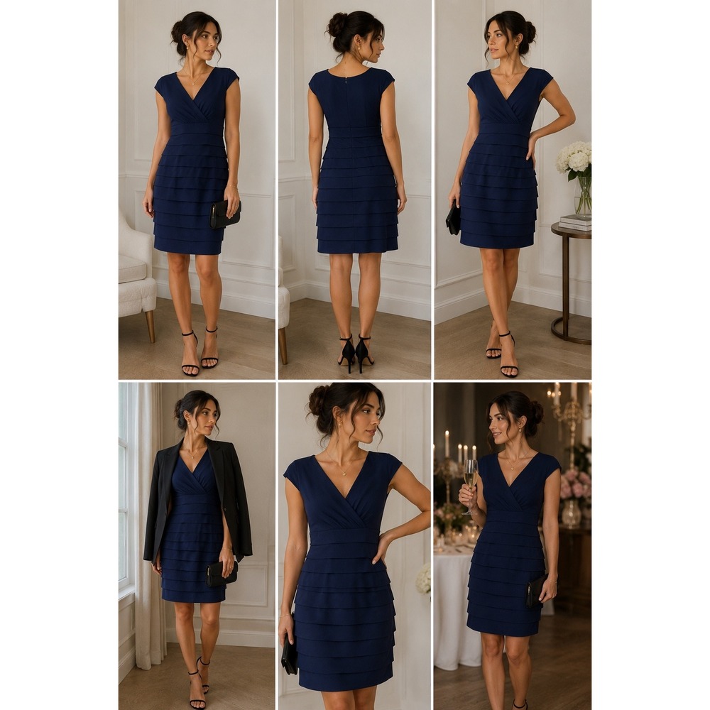 Lauren Ralph Lauren Navy Blue Tiered Ruffle V-Neck Cocktail Dress Size 10